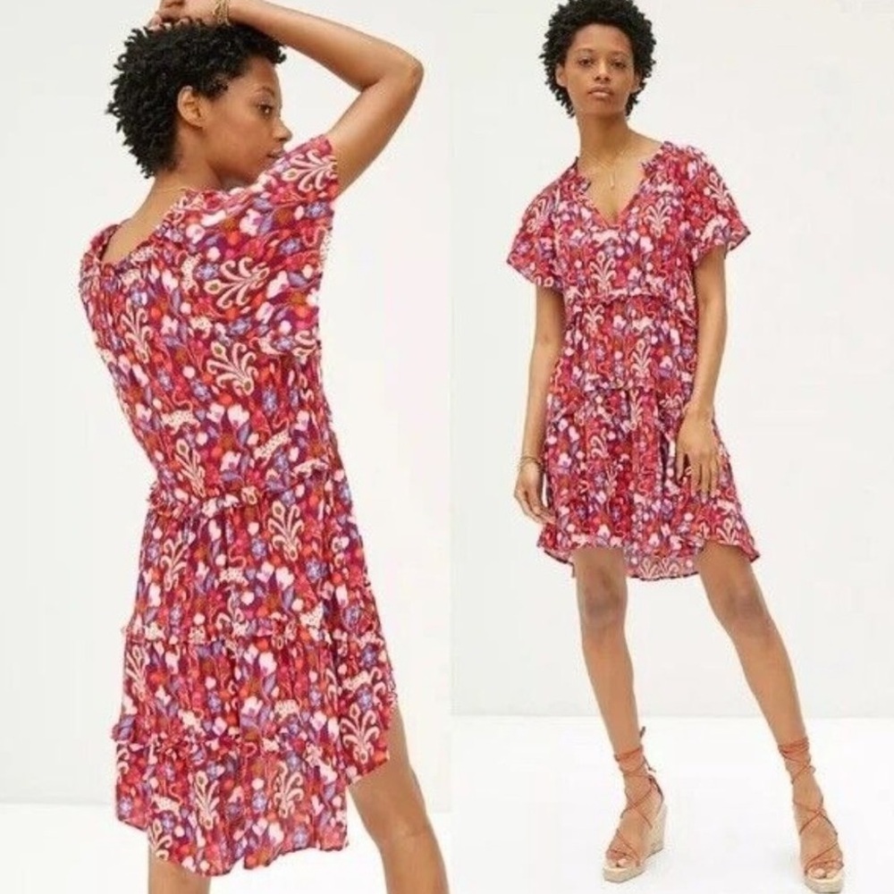 Anthropologie Robin Tiered Floral Mini Dress in Red Sz XS